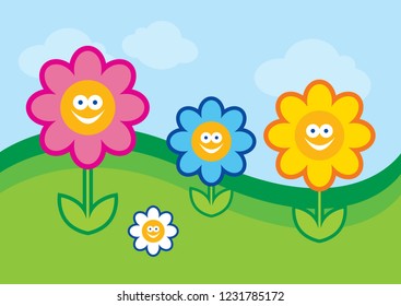 Funny flower vector illustration. Flower cartoon character. Happy colorful flowers. Crazy flowers on a meadow vector