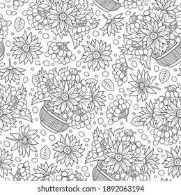 Flores divertidas y bayas sin fisuras. Dibujo de arte de la línea de dibujos hechos a mano de vectores ilustración de comida.