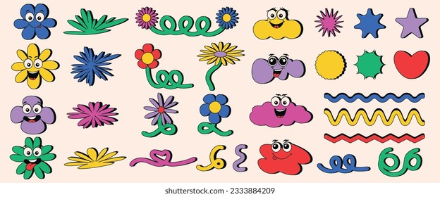 Funny flowers in cartoon style. A set of elements for design. Modern vector illustration in a Modern Y2K style. Elements for posters, stickers, UI UX design. svg