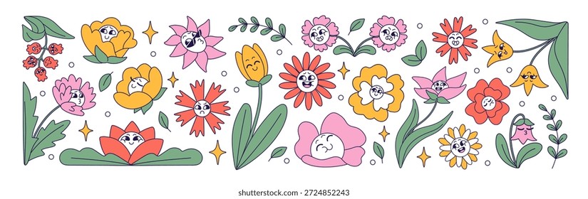 Flores divertidas con las caras puestas en estilo groovy retro. Flores silvestres funky con diferentes emociones, expresiones. Las plantas en flor sonríen, están enojadas, felices y tristes. Ilustraciones vectoriales aisladas planas en blanco
