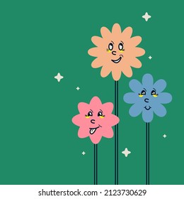 Funny flowers with human faces on a green background. Modern graphics in a flat style. Vector illustration for design.