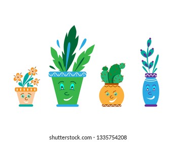 Funny flowers in a pot. Flower pot vector set. Doodle isolated illustration on white background