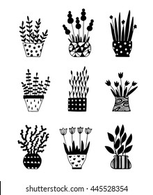 Funny flowers in pots. Set of 9 abstract isolated floral design elements. Hand drawn vector black and white illustrations for card, notebook. Cartoon, doodle.