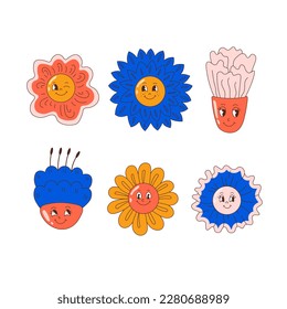 Funny flowers retro cartoon set. Collection of groovy whimsical flowers. Funky flower character face. Isolated vector illustration