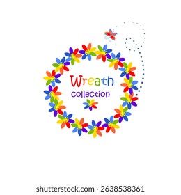 Funny flowers wreath collection with daisy flowers in rainbow color for greeting card isolated on white background. Part 1