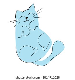 Funny fluffy blue cat is sleeping on its back. Vector cartoon flat character isolated on white background.