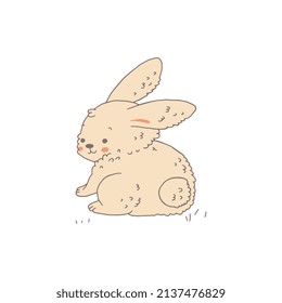 Funny fluffy bunny or adorable rabbit funny animal sitting with its tail towards the viewer, cartoon doodle style vector illustration isolated on white background.