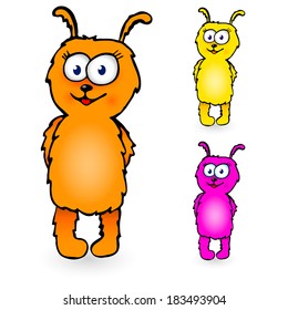 Funny fluffy cartoon character in three colors 