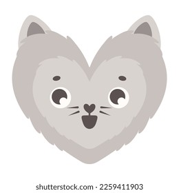 Funny fluffy cat head in the shape of a heart. Animal face. Kawaii kitten in love. Cute cartoon character for Valentine's Day. A simple design element