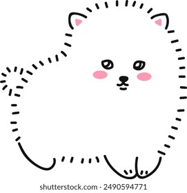 Funny fluffy dog, puppy pomeranian spitz. Small cute dog. Doodle drawing by hand. Linear graphics. Vector illustration isolated on white.