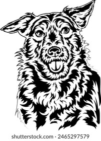 Funny fluffy dog smiling happily. Vector outline illustration without background