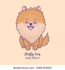 Funny fluffy dog spitz with tongue hanging out. Cute cartoon kawaii character animal. Vector illustration. Kids collection