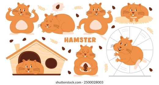 Funny fluffy hamster cartoon pet animal eating, sleeping, playing or hiding in house. Cute small fatty adorable rodent mascot with different emotion, action vector illustration. Kawaii characters set