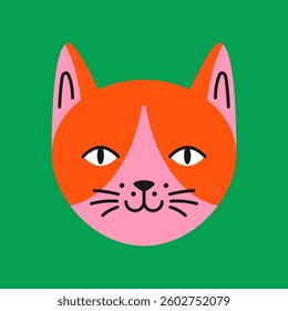 Funny fluffy kitten face in flat funny style. Isolated colorful cat pet character on a green background.