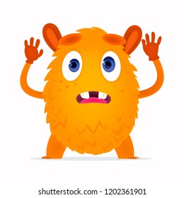 Funny fluffy monster with arms raised, scared. Cute monster with tooth decay