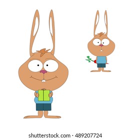 Funny fluffy rabbit with carrot and present. Vector Image 