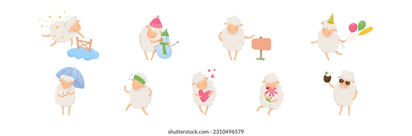 Funny Fluffy Sheep Character Engaged in Different Activity Vector Set