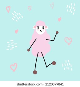 Funny fluffy sheep play leapfrog. Cute and cozy poster for a children's bedroom. Print for children's clothes, utensils, gift cards, plates, cups, goods, baby products. Logo or signboard kindergarten
