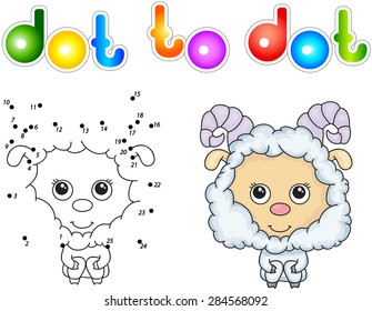 Funny fluffy sheep. Vector illustration for children. Dot to dot game