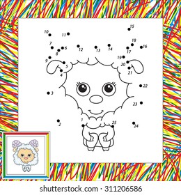 Funny fluffy sheep. Vector illustration for children. Dot to dot game