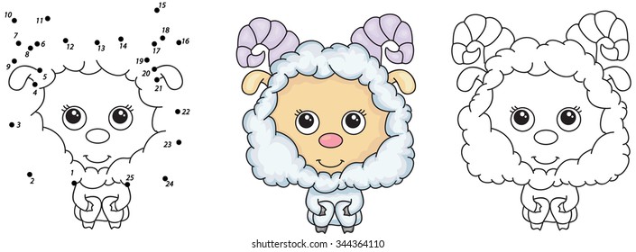 Funny fluffy sheep. Vector illustration for kids. Dot to dot game and coloring book