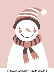 Funny Fluffy Snowman. Lovely Christmas Print with Cute Snowman on a Pastel Pink Background. Winter Holidays Vector Illustration for Card, Decoration, wall Art, Poster.