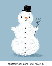 Funny Fluffy White Snowman in a Black Hat on a Pastel Blue Background. Winter Holidays Vector Illustration ideal for Card, Wall Art, Greeting, Poster, Kids Room Decoration.