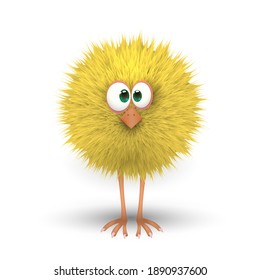 Funny fluffy yellow chicken on a white background