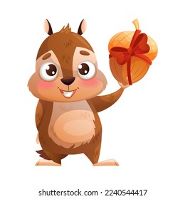 Funny Flushed Chipmunk Character with Cute Snout Holding Acorn Tied with Bow and Ribbon Vector Illustration