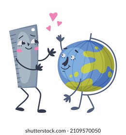 Funny Flushed Ruler and Globe as Office Supply Humanized Character in Love Vector Illustration