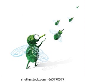 Funny fly. Cartoon character.Vector illustration  on isolated white background. 