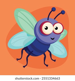 Funny Fly cartoon isolated. Cute and funny fly insect vector illustration cartoon. Housefly insect and cartoon black fly insect flat style. Funny little cartoon fly insect with big googly eyes.