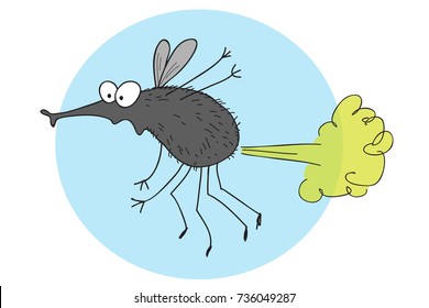 Funny fly farting, colourful cartoon. Quirky character illustration for children.