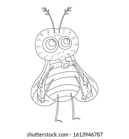 Funny fly insect cartoon vector illustration isolated on white background. Fly bug insect cartoon colorless for coloring book. 