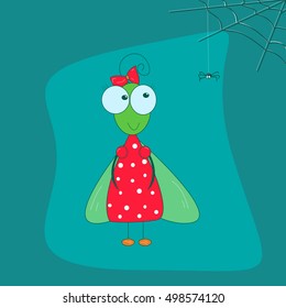 Funny fly in a red dress with a bow and a small spider cartoon style pa on a blue background vector illustration