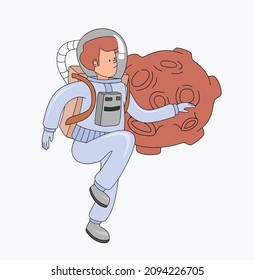 Funny flying astronaut in space.
