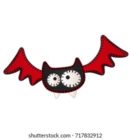 Funny flying bat with contours in the form of strokes and dotted lines isolated on white background. Idea for a sticker or sew-on patches in style of Halloween. Vector cartoon close-up illustration.