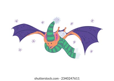 Funny flying bat dressed in a hat and scarf, snowing. Vector illustration on white background. Cute wild bird with mouse body, big ears and fangs