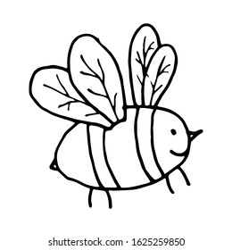 Funny flying bee. Coloring book for adult, kids, prints, stickers, labels. Hand drawn vector illustration in doodle style outline drawing isolated on white background.
