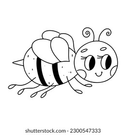 Funny flying bee in hand drawn doodle style. Vector illustration isolated on white. Coloring page.