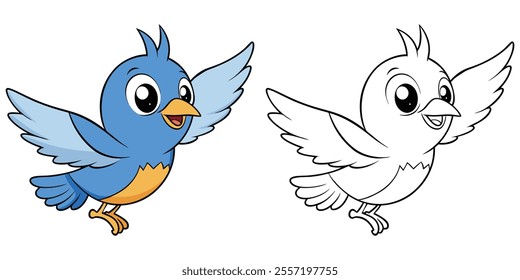 Funny Flying Blue Bird Cartoon Coloring Page For Kids. Animal Coloring Book Printable Vector Illustration
