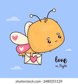 Funny flying butterfly character with love letter envelope. Cute cartoon insect kawaii. Vector illustration. Cool card. Kids collection