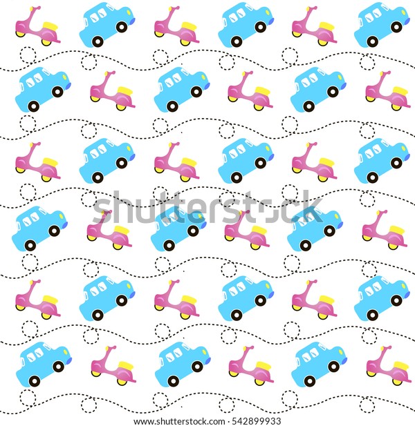 funny flying cars and mopeds, seamless pattern,\
kids background vintage