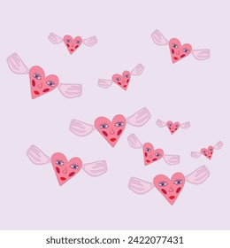 Funny flying cartoon hearts for background of greeting cards and posters.Vector illustration.EPS10