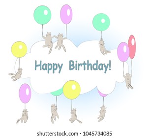 Funny flying cats with balloons and cloud frame. Happy birthday card. Vector cartoon illustration.