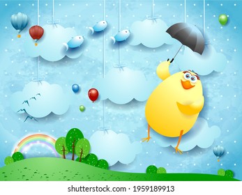 Funny flying chick with umbrella on surreal background. Vector illustration eps10