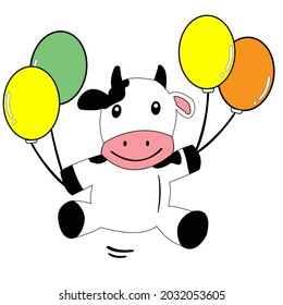 Funny flying cow with balloons. Happy, birthday, party, or celebration theme.