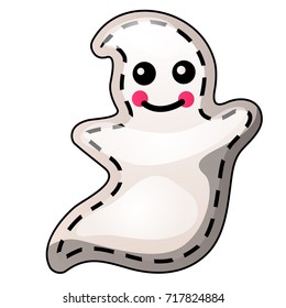 Funny flying Ghost with contours in the form of strokes and dotted lines isolated on white background. Idea for a sticker or sew-on patches in style of Halloween. Vector cartoon close-up illustration