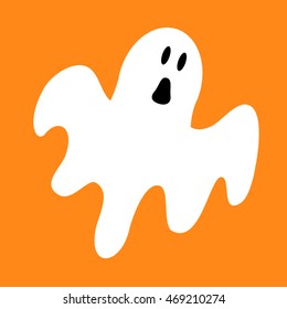 Funny flying ghost. Greeting card. Cute cartoon character. Scary spirit. Baby collection. Orange background. Flat design. Vector illustration