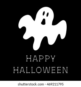 Funny flying ghost. Happy Halloween bone text. Greeting card. Cute cartoon character. Scary spirit. Baby collection. Black background. Flat design. Vector illustration